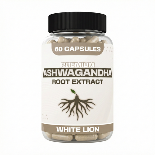 White Lion Ashwagandha Ekstrakt 200 mg, kapsler i hvit boks