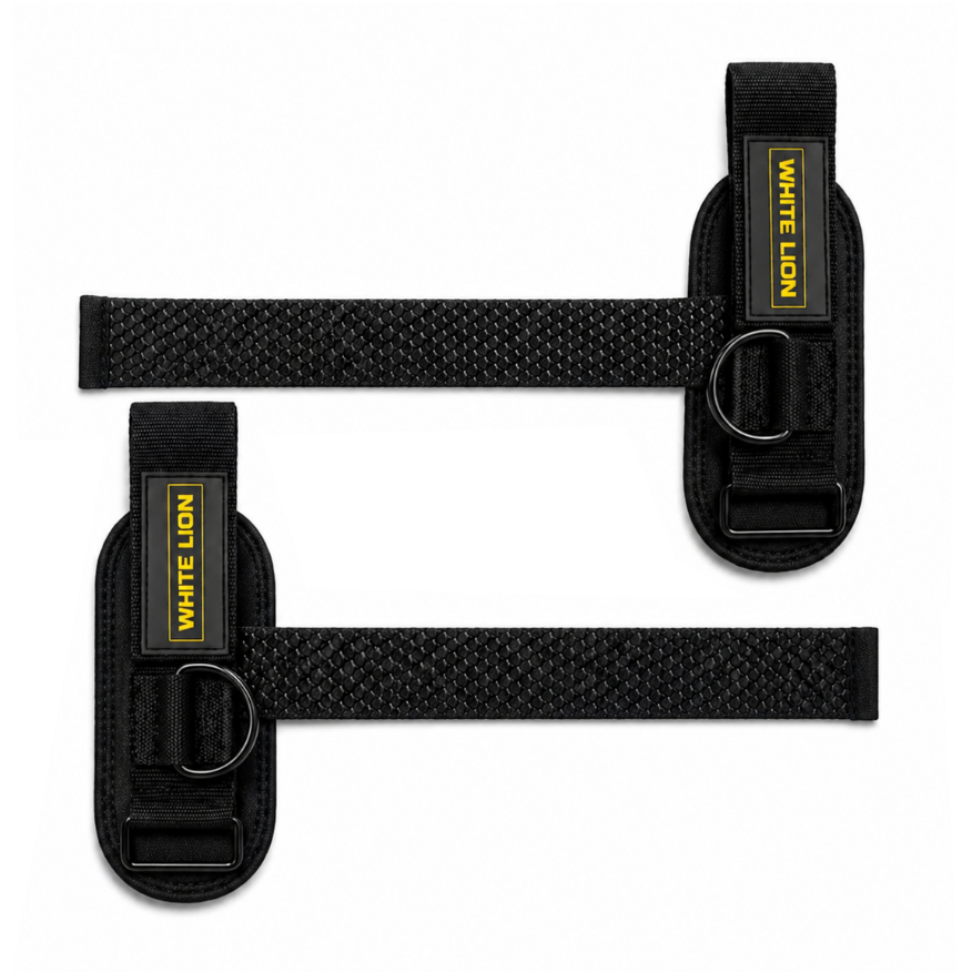 White Lion Cuffed Lifting Straps i sort med oransje detaljer, D-ring feste