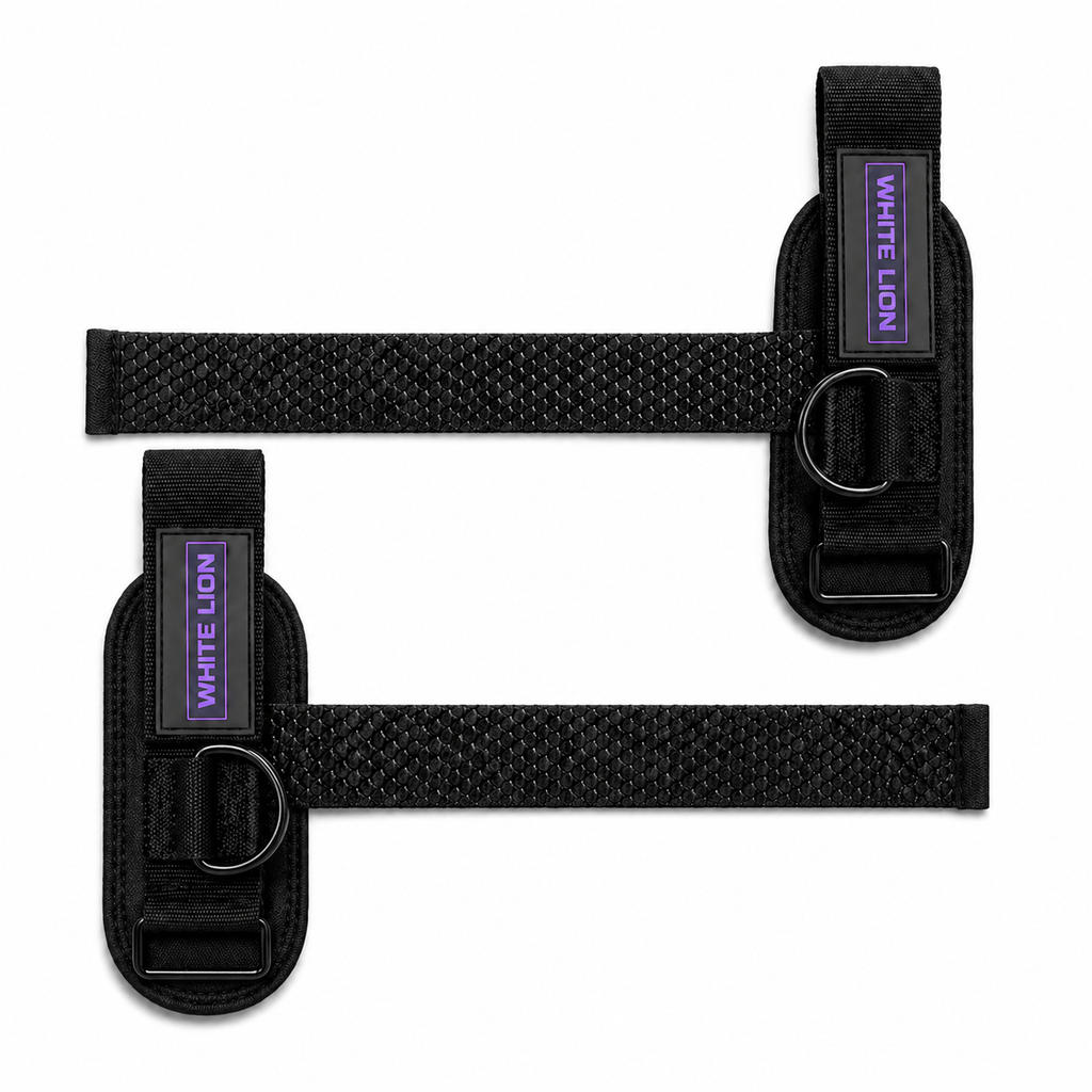 White Lion Cuffed Lifting Straps i sort med lilla detaljer